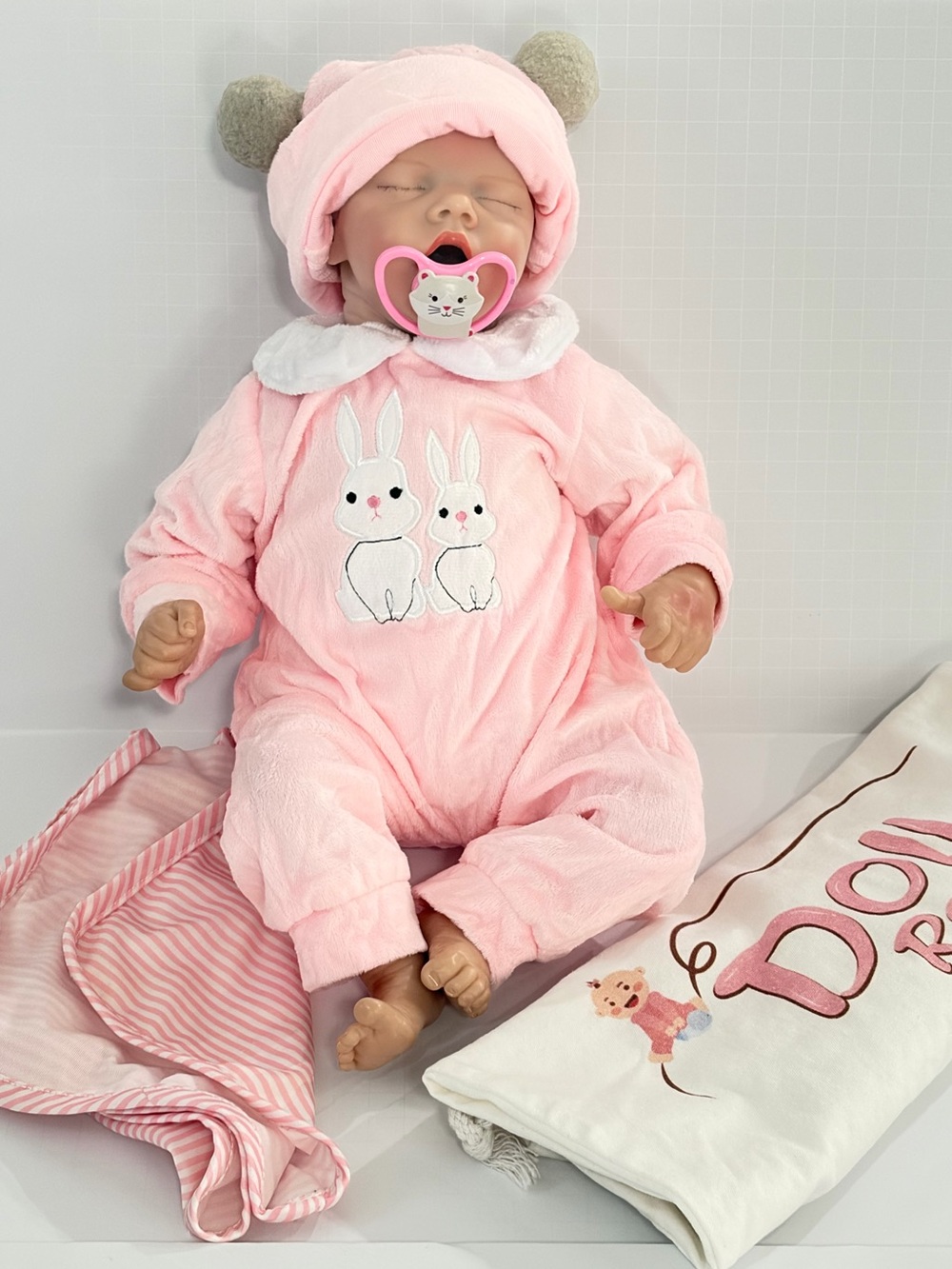 Baby Reborn Plush Pink Bunny Baby Pajamas with Collar 17” Doll real Eyelashes